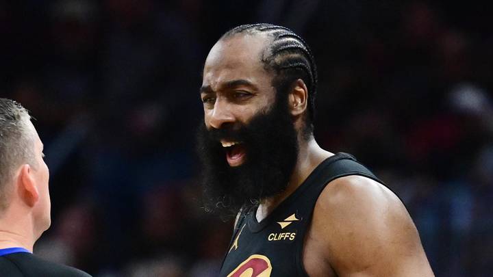 May 3, 2026; Cleveland, Ohio, USA; Cleveland Cavaliers guard James Harden (1) argues a call with  referee Nick Buchert (3) during the first half against the Toronto Raptors of game seven in the first round of the 2026 NBA Playoffs at Rocket Arena. Mandatory Credit: Ken Blaze-Imagn Images