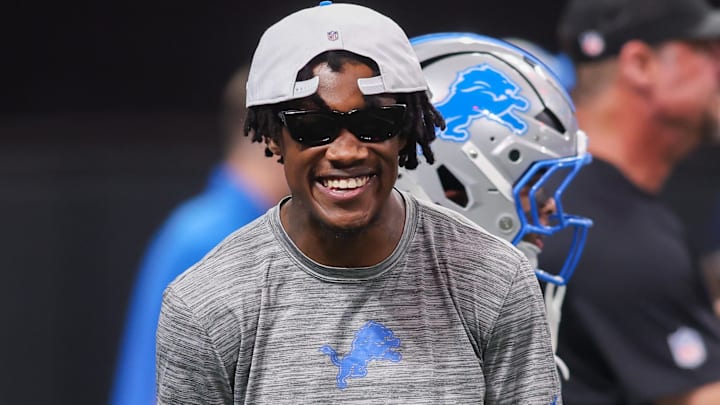 Detroit Lions wide receiver Jameson Williams (1) before a game against the Atlanta Falcons at Mercedes-Benz Stadium