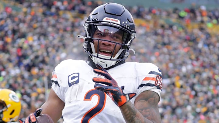 Chicago Bears wide receiver DJ Moore (2) scores a touchdown on a reception against the Green Bay Packers in the fourth quarter during their football game Sunday, January 5, 2025, at Lambeau Field in Green Bay, Wisconsin.