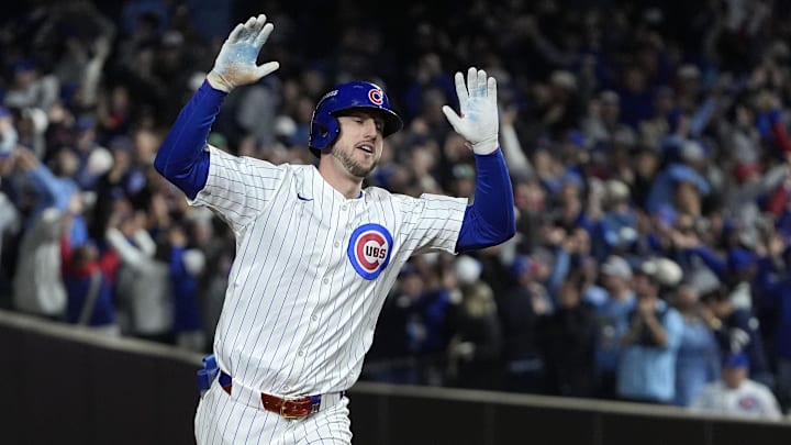 Oct 9, 2025; Chicago, Illinois, USA; Chicago Cubs right fielder Kyle Tucker (30) reacts after hitting a home run against the Milwaukee Brewers during the seventh inning for game four of the NLDS round for the 2025 MLB playoffs at Wrigley Field. Mandatory Credit: David Banks-Imagn Images