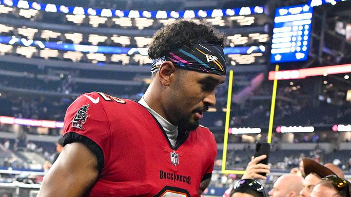 Oct 8, 2026; Arlington, Texas, USA; Tampa Bay Buccaneers wide receiver Emeka Egbuka (2) walks off the field past the fans after the game against the Dallas Cowboys at AT&T Stadium. Mandatory Credit: Jerome Miron-Imagn Images