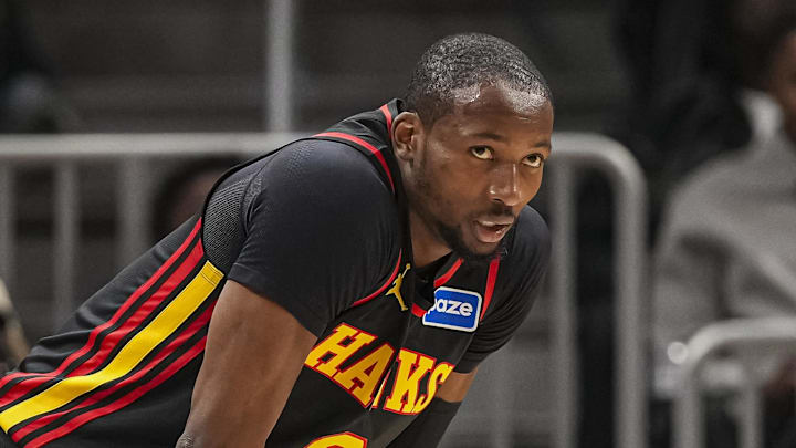 Atlanta Hawks forward Jonathan Kuminga (0) on the court against the Washington Wizards during the first half at State Farm Arena on February 24, 2026.
