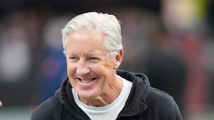 Dec 7, 2025; Paradise, Nevada, USA;  Las Vegas Raiders head coach Pete Carroll on the field prior to a game against the Denver Broncos at Allegiant Stadium. Mandatory Credit: Stephen R. Sylvanie-Imagn Images