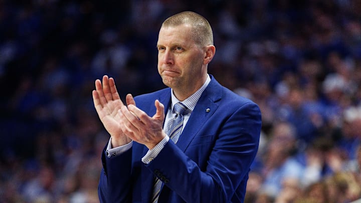 Mar 7, 2026; Lexington, Kentucky, USA; Kentucky Wildcats head coach Mark Pope claps during the first half against the Florida Gators at Rupp Arena at Central Bank Center. Mandatory Credit: Jordan Prather-Imagn Images