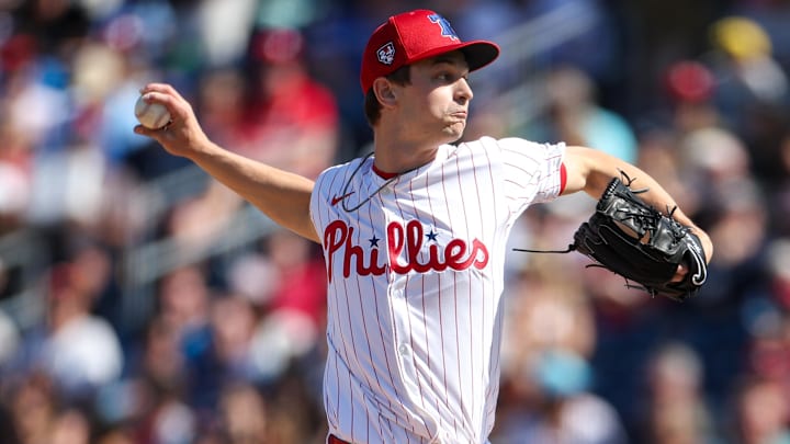 Feb 25, 2024; Clearwater, Florida, USA;  Philadelphia Phillies pitcher Mick Abel (74) throws a pitch against the New York Yankees in the sixth inning  at BayCare Ballpark