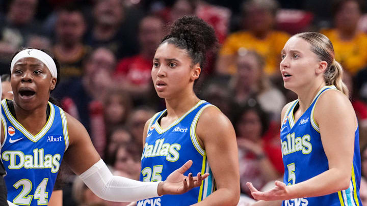 Dallas Wings guard Arike Ogunbowale (24), Dallas Wings guard Azzi Fudd (35) and Dallas Wings guard Paige Bueckers (5) react to the action Saturday, May 9, 2026, during the first half of the Fever’s season opener game at Gainbridge Fieldhouse in Indianapolis.