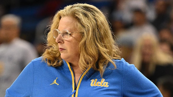 Dec 29, 2024; Los Angeles, California, USA; UCLA Bruins head coach Cori Close during the first quarter against the Nebraska Cornhuskers at Pauley Pavilion presented by Wescom. The Bruins won 91-54 for Close’s 300 career win. Mandatory Credit: Robert Hanashiro-Imagn Images