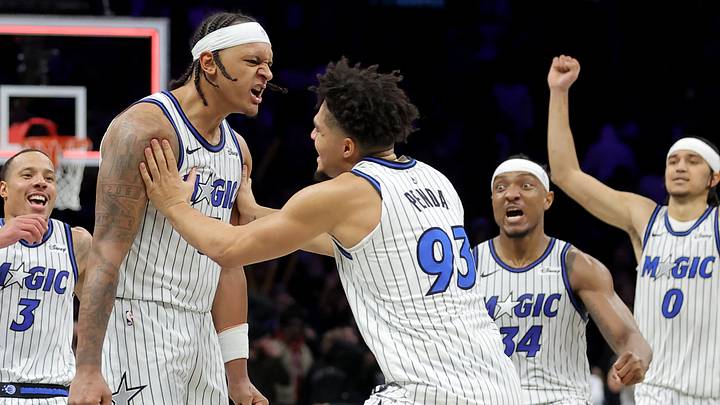 Jan 7, 2026; Brooklyn, New York, USA; Orlando Magic forward Paolo Banchero (5) celebrates his overtime game-winning three point shot against the Brooklyn Nets with guard Desmond Bane (3) and forward Noah Penda (93) and center Wendell Carter Jr. (34) and guard Anthony Black (0) at Barclays Center. Mandatory Credit: Brad Penner-Imagn Images Jan 7, 2026; Brooklyn, New York, USA; Orlando Magic forward Paolo Banchero (5) celebrates his overtime game-winning three point shot against the Brooklyn Nets with guard Desmond Bane (3) and forward Noah Penda (93) and center Wendell Carter Jr. (34) and guard Anthony Black (0) at Barclays Center. Mandatory Credit: Brad Penner-Imagn Images