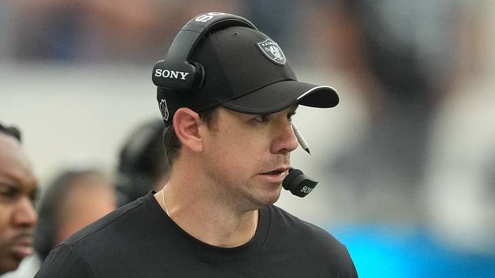 Sep 20, 2026; Inglewood, California, USA;  Las Vegas Raiders head coach Klint Kubiak looks on against the Los Angeles Chargers during the second half at SoFi Stadium.  Mandatory Credit: Kirby Lee-Imagn Images