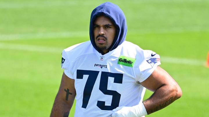 Jul 25, 2026; Foxborough, MA, USA; New England Patriots guard Alijah Vera-Tucker (75) Mandatory Credit: Eric Canha-Imagn Images Jul 25, 2026; Foxborough, MA, USA; New England Patriots guard Alijah Vera-Tucker (75) Mandatory Credit: Eric Canha-Imagn Images
