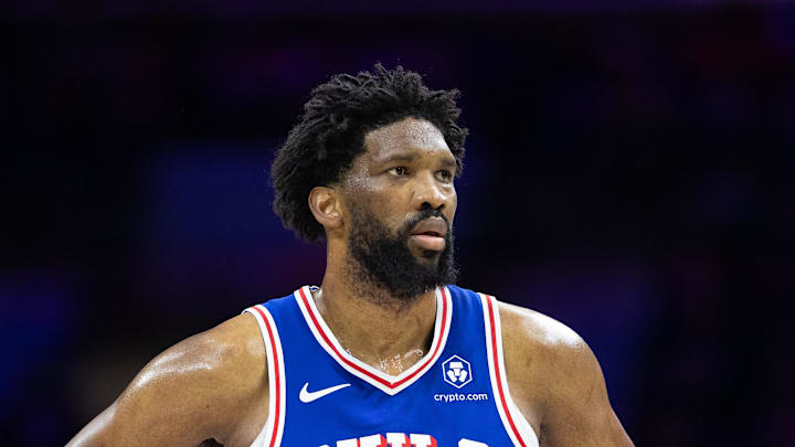 Feb 20, 2025; Philadelphia, Pennsylvania, USA; Philadelphia 76ers center Joel Embiid (21) looks on during the third quarter against the Boston Celtics at Wells Fargo Center. Mandatory Credit: Bill Streicher-Imagn Images
