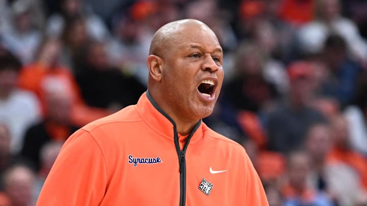 Feb 14, 2026; Syracuse, New York, USA; Syracuse Orange head coach Adrian Autry reacts to a play in the first half against the Southern Methodist University Mustangs at the JMA Wireless Dome. Mandatory Credit: Mark Konezny-Imagn Images