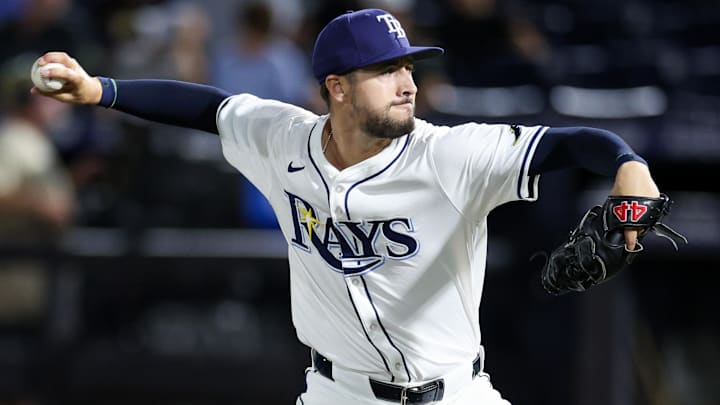 Sep 1, 2025; Tampa, Florida, USA; Tampa Bay Rays pitcher Brian Van Belle (67) throws a pitch against the Seattle Mariners in the eighth inning at George M. Steinbrenner Field.