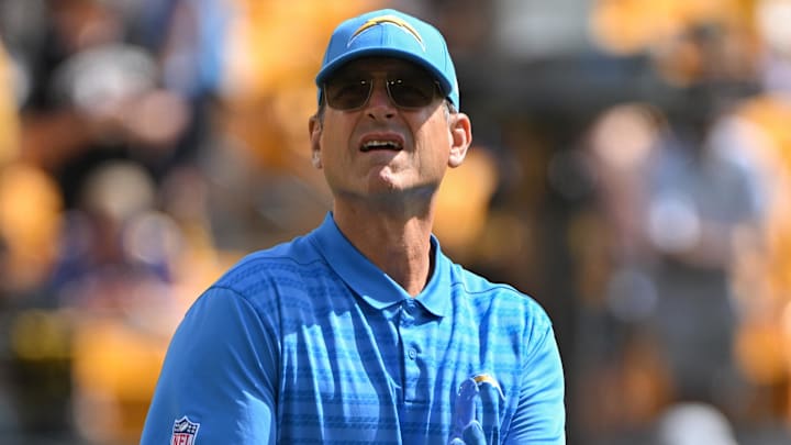 Sep 22, 2024; Pittsburgh, Pennsylvania, USA; Los Angeles Chargers head coach Jim Harbaugh looks on before the game against the Pittsburgh Steelers at Acrisure Stadium. Mandatory Credit: Barry Reeger-Imagn Images
