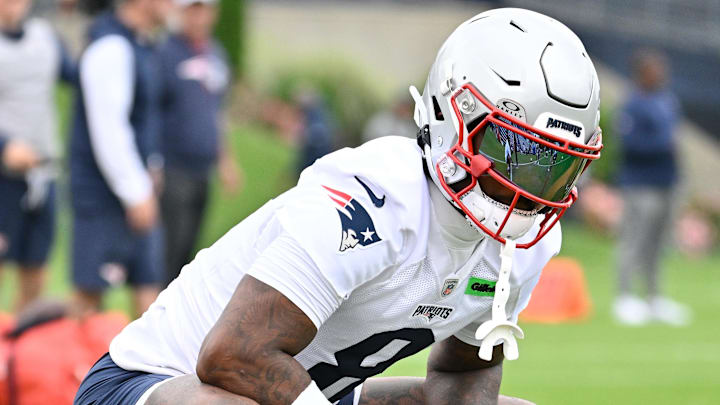Jun 9, 2025; Foxborough, MA, USA; New England Patriots wide receiver Stefon Diggs (8) stretches during minicamp at Gillette Stadium. Mandatory Credit: Eric Canha-Imagn Images