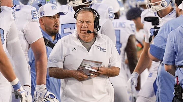 Sep 6, 2025; Charlotte, North Carolina, USA;  North Carolina Tar Heels head coach Bill Belichick during the first quarter against the Charlotte 49ers at Jerry Richardson Stadium. Mandatory Credit: Jim Dedmon-Imagn Images