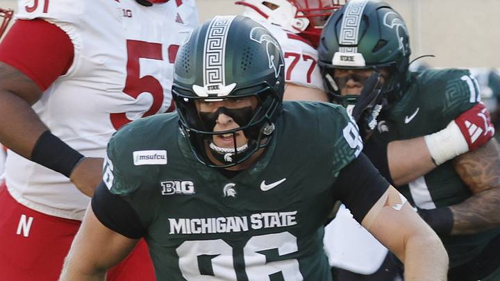 Michigan State defensive lineman Eli Coenen chases Nebraska quarterback Anthony Colandrea at Spartan Stadium on Saturday, Sept. 26, 2026. Michigan State defensive lineman Eli Coenen chases Nebraska quarterback Anthony Colandrea at Spartan Stadium on Saturday, Sept. 26, 2026.
