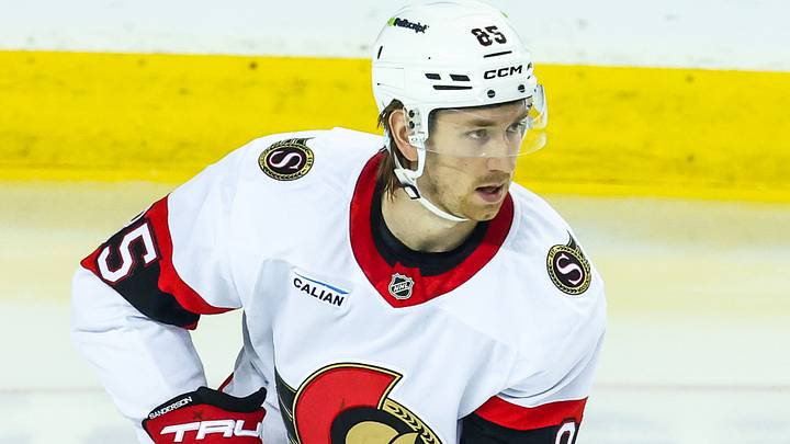 Mar 5, 2026; Calgary, Alberta, CAN; Ottawa Senators defenseman Jake Sanderson (85) skates with the puck against the Calgary Flames during the first period at Scotiabank Saddledome. Mandatory Credit: Sergei Belski-Imagn Images