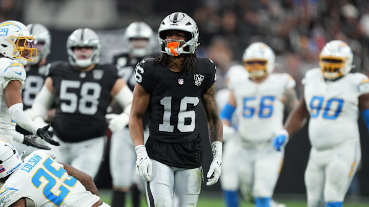 Jan 5, 2025; Paradise, Nevada, USA; Las Vegas Raiders wide receiver Jakobi Meyers (16) celebrates after a first down against the Los Angeles Chargers in the first half at Allegiant Stadium. Mandatory Credit: Kirby Lee-Imagn Images Jan 5, 2025; Paradise, Nevada, USA; Las Vegas Raiders wide receiver Jakobi Meyers (16) celebrates after a first down against the Los Angeles Chargers in the first half at Allegiant Stadium. Mandatory Credit: Kirby Lee-Imagn Images