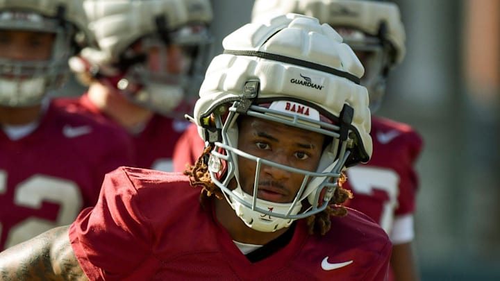 Mar 6, 2024; Tuscaloosa, Alabama, USA; Linebacker Sterling Dixon does a drill during practice for the Alabama Crimson Tide football team Wednesday.
