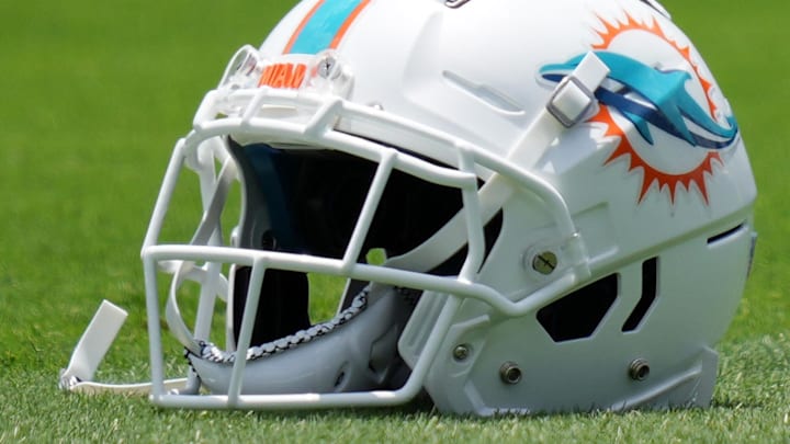 May 17, 2022; Miami Gardens, FL, USA; A general view of a Miami Dolphins helmet on the grass during