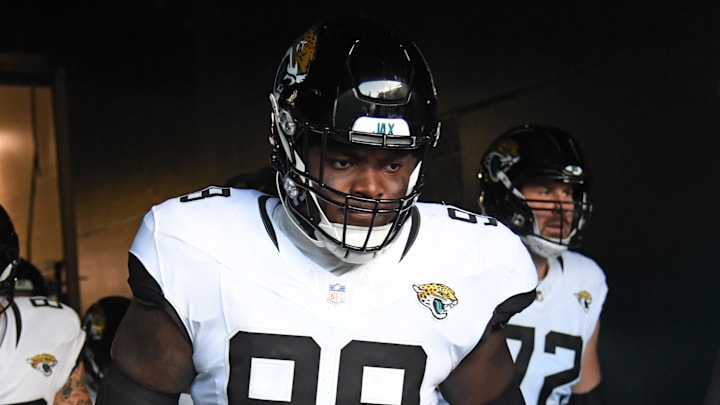 Nov 3, 2024; Philadelphia, Pennsylvania, USA; Jacksonville Jaguars defensive tackle Jordan Jefferson (98) in the tunnel against the Philadelphia Eagles at Lincoln Financial Field. Mandatory Credit: Eric Hartline-Imagn Images Nov 3, 2024; Philadelphia, Pennsylvania, USA; Jacksonville Jaguars defensive tackle Jordan Jefferson (98) in the tunnel against the Philadelphia Eagles at Lincoln Financial Field. Mandatory Credit: Eric Hartline-Imagn Images