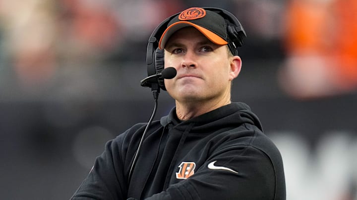 Cincinnati Bengals head coach Zac Taylor watches the video board in the fourth quarter of the NFL Week 18 game between the Cincinnati Bengals and the Cleveland Browns at Paycor Stadium in downtown Cincinnati on Sunday, Jan. 7, 2024.