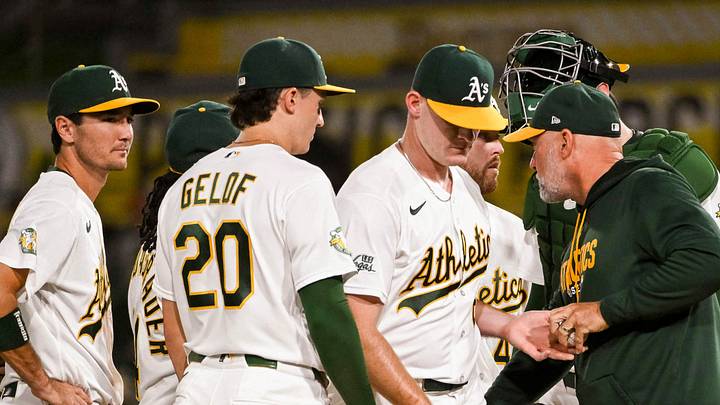 Sep 22, 2026; West Sacramento, California, USA; Athletics pitcher Brady Basso (66) is removed from the game by manager Mark Kotsay (7) during the third inning of the game against the Los Angeles Angels at Sutter Health Park. Mandatory Credit: Ed Szczepanski-Imagn Images Sep 22, 2026; West Sacramento, California, USA; Athletics pitcher Brady Basso (66) is removed from the game by manager Mark Kotsay (7) during the third inning of the game against the Los Angeles Angels at Sutter Health Park. Mandatory Credit: Ed Szczepanski-Imagn Images