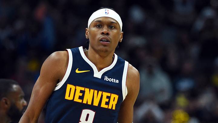 Mar 27, 2026; Denver, Colorado, USA; Denver Nuggets guard Peyton Watson (8) after making a basket during the second half against the Utah Jazz at Ball Arena. Mandatory Credit: Christopher Hanewinckel-Imagn Images