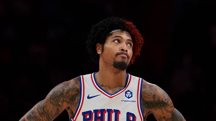Mar 30, 2026; Miami, Florida, USA; Philadelphia 76ers guard Kelly Oubre Jr. (9) reacts against the Miami Heat during the fourth quarter at Kaseya Center. Mandatory Credit: Sam Navarro-Imagn Images