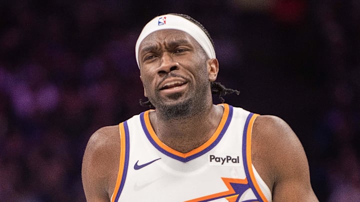 Nov 26, 2025; Sacramento, California, USA; Phoenix Suns center Mark Williams (15) reacts to a call during the fourth quarter of the game against the Sacramento Kings at Golden 1 Center. Mandatory Credit: Ed Szczepanski-Imagn Images