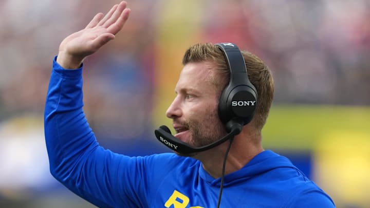 Sep 7, 2025; Inglewood, California, USA; Los Angeles Rams coach Sean McVay reacts in the second half against the Houston Texans at SoFi Stadium. Mandatory Credit: Kirby Lee-Imagn Images Sep 7, 2025; Inglewood, California, USA; Los Angeles Rams coach Sean McVay reacts in the second half against the Houston Texans at SoFi Stadium. Mandatory Credit: Kirby Lee-Imagn Images