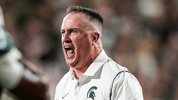 Michigan State head coach Pat Fitzgerald celebrates a play against Toledo during the first half at Spartan Stadium in East Lansing on Friday, Sept. 4, 2026.