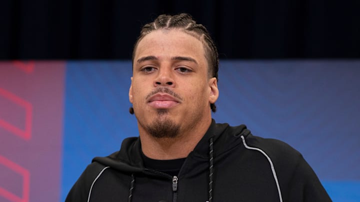 Former Arizona defensive back Dalton Johnson speaks to members of the media during the NFL Combine.