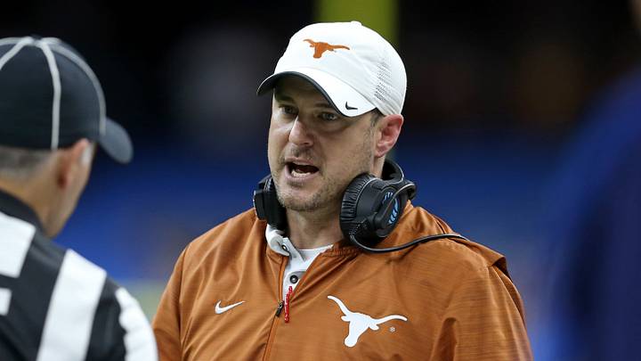 Texas Longhorns head coach Tom Herman talks to an official against the Georgia Bulldogs during the 2019 Sugar Bowl at the Mercedes-Benz Superdome. The Texas Longhorns won, 28-21. Texas Longhorns head coach Tom Herman talks to an official against the Georgia Bulldogs during the 2019 Sugar Bowl at the Mercedes-Benz Superdome. The Texas Longhorns won, 28-21.