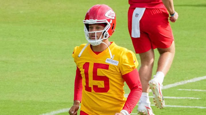 Jul 22, 2025; St. Joseph, MO, USA; Kansas City Chiefs quarterback Patrick Mahomes (15) on field during training camp at Missouri Western State University. Mandatory Credit: Denny Medley-Imagn Images