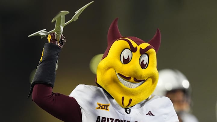 Nov 22, 2025; Boulder, Colorado, USA; Arizona State Sun Devils mascot Sparky before the game against the Colorado Buffaloes at Folsom Field. Mandatory Credit: Ron Chenoy-Imagn Images