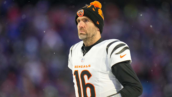 Cincinnati Bengals quarterback Joe Flacco (16) heads for the locker room after the fourth quarter of the NFL Week 14 game between the Buffalo Bills and the Cincinnati Bengals at Highmark Stadium in Orchard Park, N.Y., on Sunday, Dec. 7, 2025. The Bills overcame a halftime deficit to win 39-34.