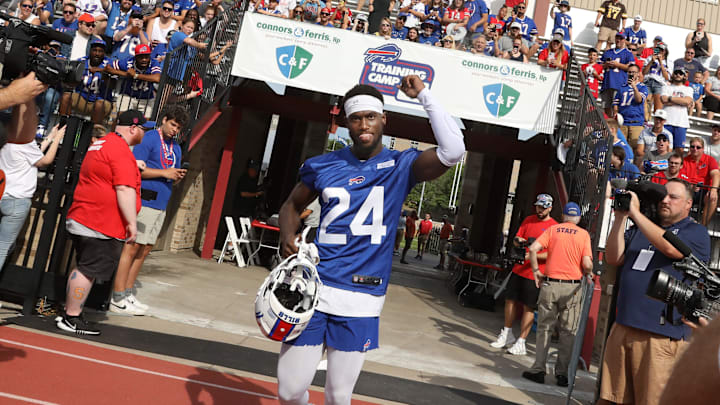 Defensive back Kaiir Elam takes the field on the opening day of the Buffalo Bills training camp at St. John Fisher University.