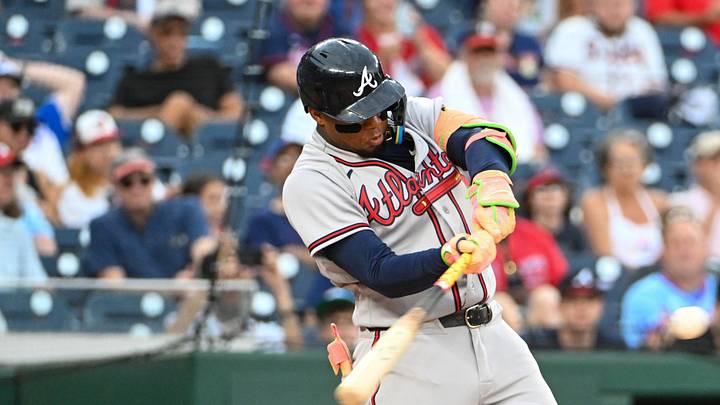 uSep 2, 2026; Washington, District of Columbia, USA; Atlanta Braves right fielder Ronald Acuña Jr. (13) singles against the Washington Nationals during the sixth inning at Nationals Park. Mandatory Credit: Brad Mills-Imagn Images