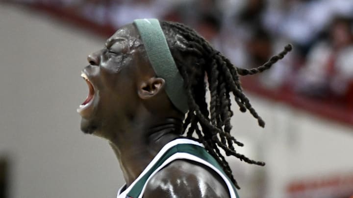 Mar 1, 2026; Bloomington, Indiana, USA; Michigan State Spartans guard Jeremy Fears Jr. (1) and Michigan State Spartans guard Kur Teng (2) celebrate against the Indiana Hoosiers during the first half at Simon Skjodt Assembly Hall.