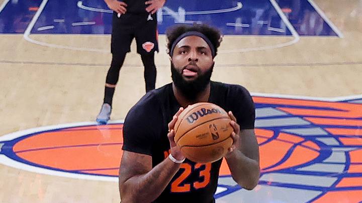 May 21, 2026; New York, New York, USA; Current Boston Celtics and former New York Knicks center Mitchell Robinson (23) shoots a foul shot against the Cleveland Cavaliers during the first quarter of game two of the eastern conference finals during the 2026 NBA playoffs at Madison Square Garden. Mandatory Credit: Brad Penner-Imagn Images
