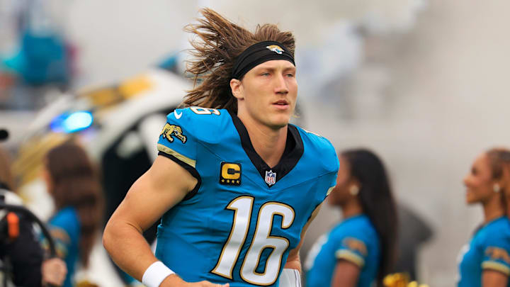 Jacksonville Jaguars quarterback Trevor Lawrence (16) is introduced before an NFL football game at EverBank Stadium, Sunday, Dec. 7, 2025, in Jacksonville, Fla. The Jaguars defeated the Colts 36-19.