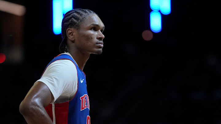 Jan 30, 2026; San Francisco, California, USA; Detroit Pistons guard Ausar Thompson (9) stands on the court during a timeout against the Golden State Warriors in the third quarter at the Chase Center. Mandatory Credit: Cary Edmondson-Imagn Images