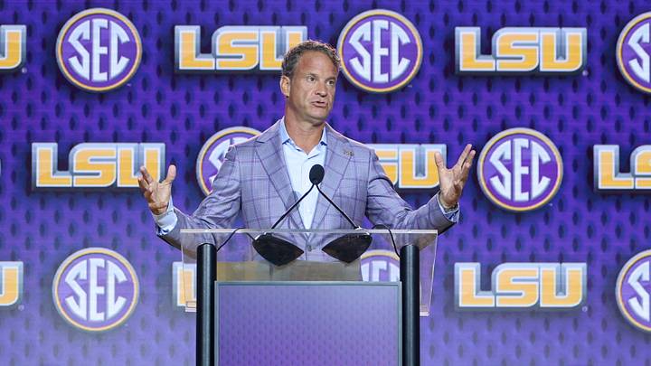 Jul 23, 2026; Tampa, FL, USA; LSU Tigers head coach Lane Kiffin speaks to the press during SEC Football Kickoff Media Day at the Tampa Marriott. Mandatory Credit: Nathan Ray Seebeck-Imagn Images Jul 23, 2026; Tampa, FL, USA; LSU Tigers head coach Lane Kiffin speaks to the press during SEC Football Kickoff Media Day at the Tampa Marriott. Mandatory Credit: Nathan Ray Seebeck-Imagn Images