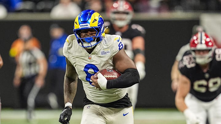 Dec 29, 2025; Atlanta, Georgia, USA; Los Angeles Rams linebacker Jared Verse (8) blocks a Atlanta Falcons field goal and returns it for a touchdown during the second half at Mercedes-Benz Stadium. Mandatory Credit: Dale Zanine-Imagn Images