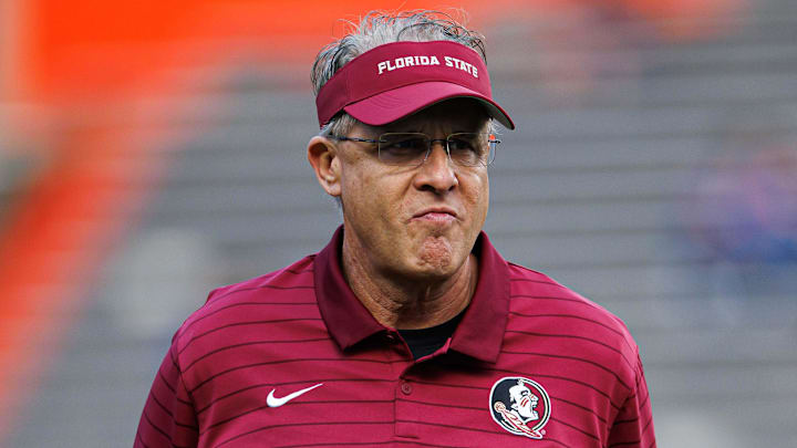 Nov 29, 2025; Gainesville, Florida, USA; Florida Gators offensive coordinator Gus Malzahn looks on before a game against the Florida Gators at Ben Hill Griffin Stadium. Mandatory Credit: Matt Pendleton-Imagn Images