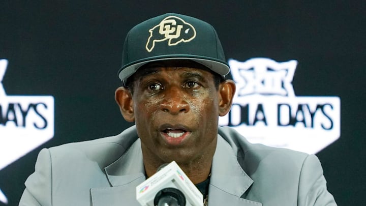 Jul 9, 2025; Frisco, TX, USA; Colorado head coach Deion Sanders speaks with the media during 2025 Big 12 Football Media Days at The Star. Mandatory Credit: Raymond Carlin III-Imagn Images