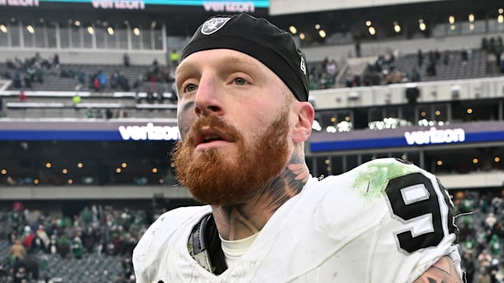 Dec 14, 2025; Philadelphia, Pennsylvania, USA; Las Vegas Raiders defensive end Maxx Crosby (98) on the field after loss to the Philadelphia Eagles at Lincoln Financial Field. Mandatory Credit: Eric Hartline-Imagn Images Dec 14, 2025; Philadelphia, Pennsylvania, USA; Las Vegas Raiders defensive end Maxx Crosby (98) on the field after loss to the Philadelphia Eagles at Lincoln Financial Field. Mandatory Credit: Eric Hartline-Imagn Images
