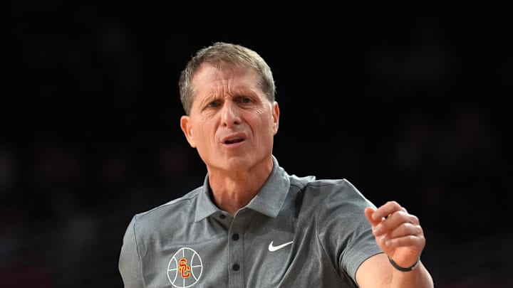 Feb 21, 2026; Los Angeles, California, USA; Southern California Trojans head coach Eric Musselman reacts against the Oregon Ducks in the second half at Galen Center. Mandatory Credit: Kirby Lee-Imagn Images